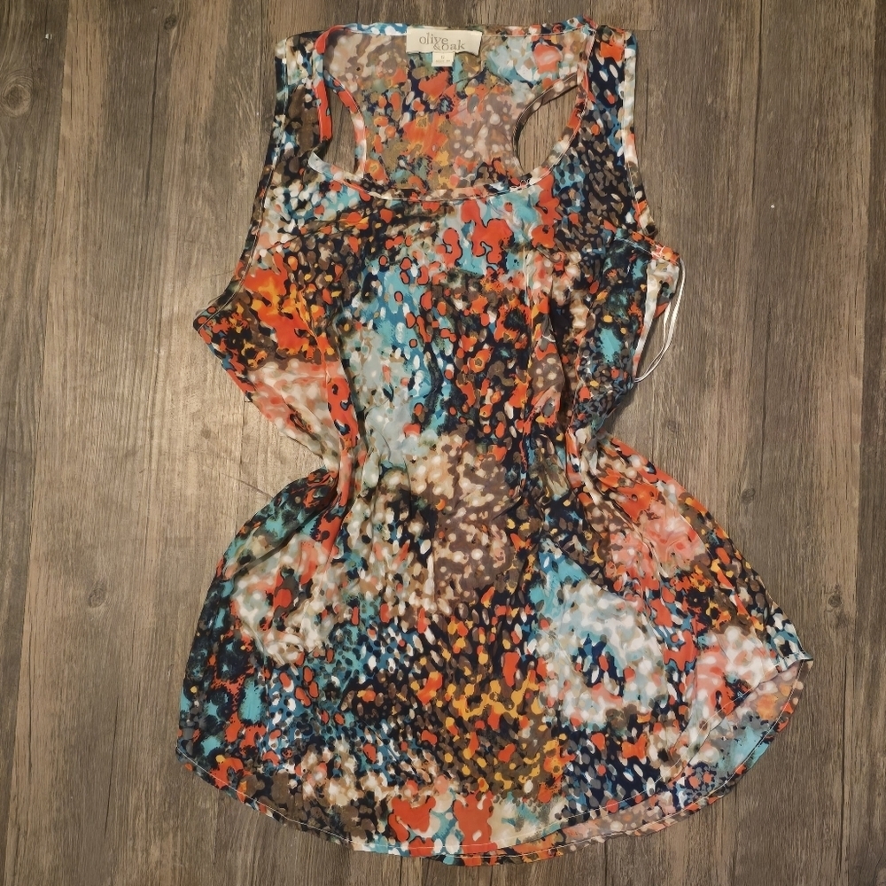 Olive & Oak Sheer Abstract Print Sleeveless Tunic Top Size S – Multicolor Boho T